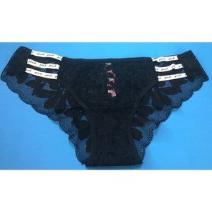 NEW Victoria's Secret Black Sheer Lace White Logoed Strappy Cheeky Panty Medium
